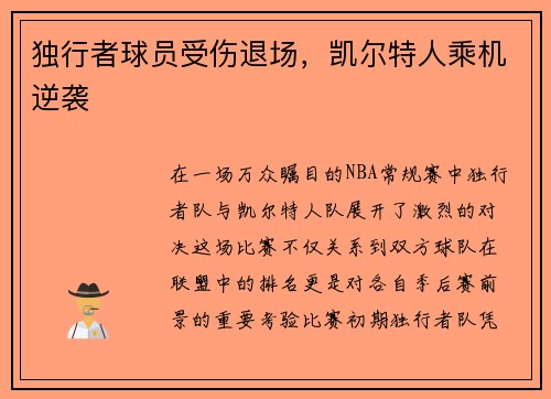 独行者球员受伤退场，凯尔特人乘机逆袭