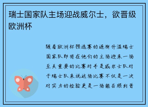 瑞士国家队主场迎战威尔士，欲晋级欧洲杯