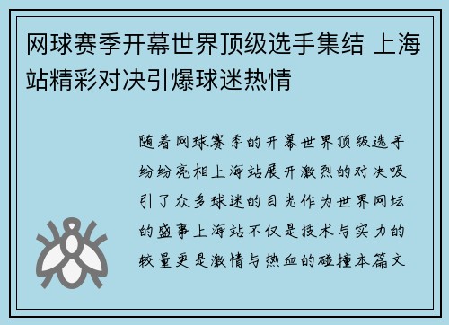 网球赛季开幕世界顶级选手集结 上海站精彩对决引爆球迷热情